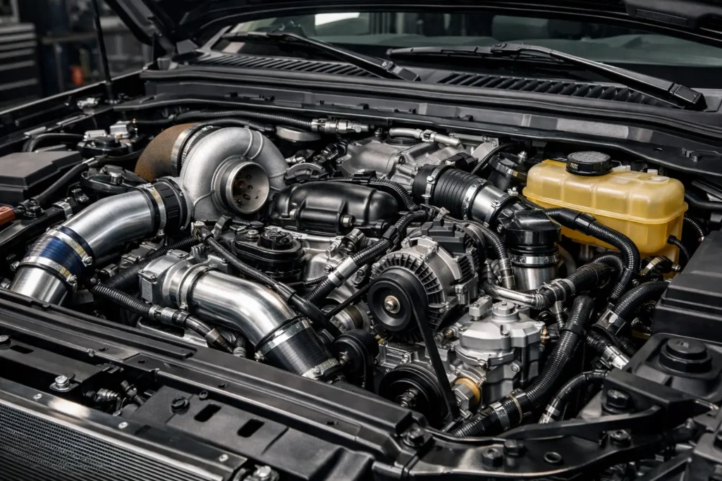 6.0 Powerstroke diesel engine in Ford Super Duty truck engine bay with visible turbocharger and components