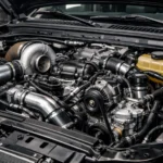 6.0 Powerstroke diesel engine in Ford Super Duty truck engine bay with visible turbocharger and components