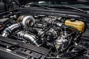 6.0 Powerstroke diesel engine in Ford Super Duty truck engine bay with visible turbocharger and components