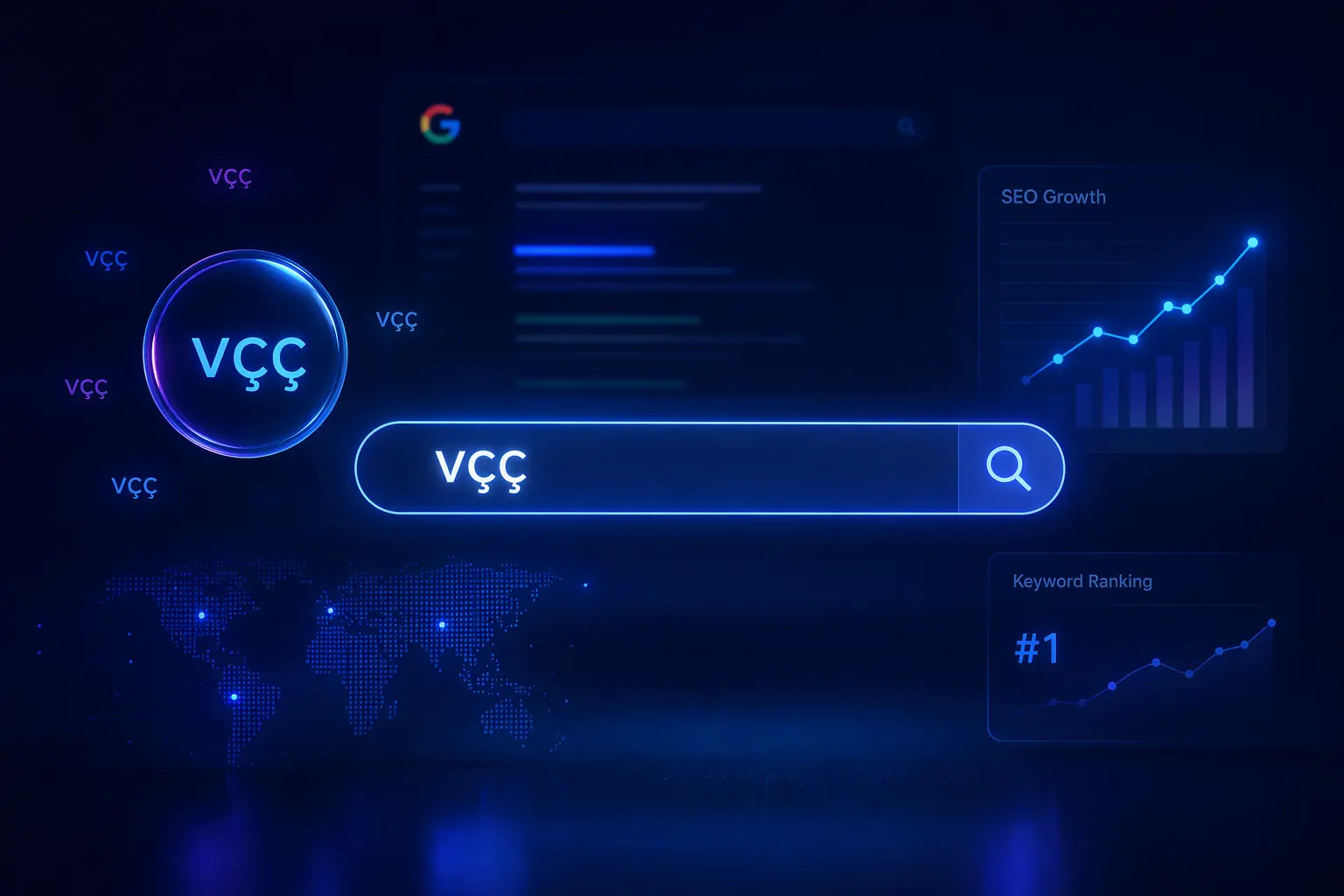 Modern SEO concept visualization showing keyword growth, search analytics, and digital ranking elements representing vçç in a futuristic interface.