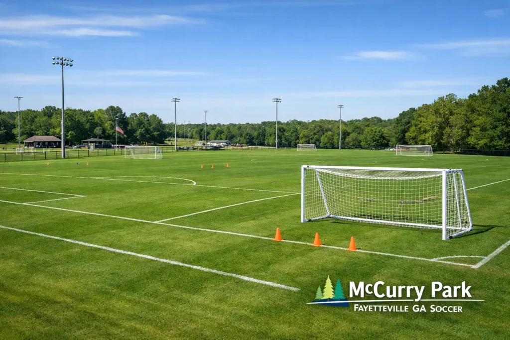 McCurry Park Fayetteville GA Soccer fields showing well-maintained pitches and organized layout for community soccer leagues.