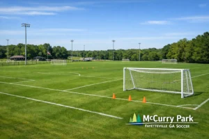 McCurry Park Fayetteville GA Soccer fields showing well-maintained pitches and organized layout for community soccer leagues.