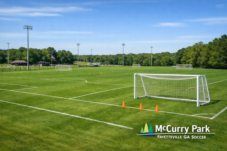 McCurry Park Fayetteville GA Soccer fields showing well-maintained pitches and organized layout for community soccer leagues.