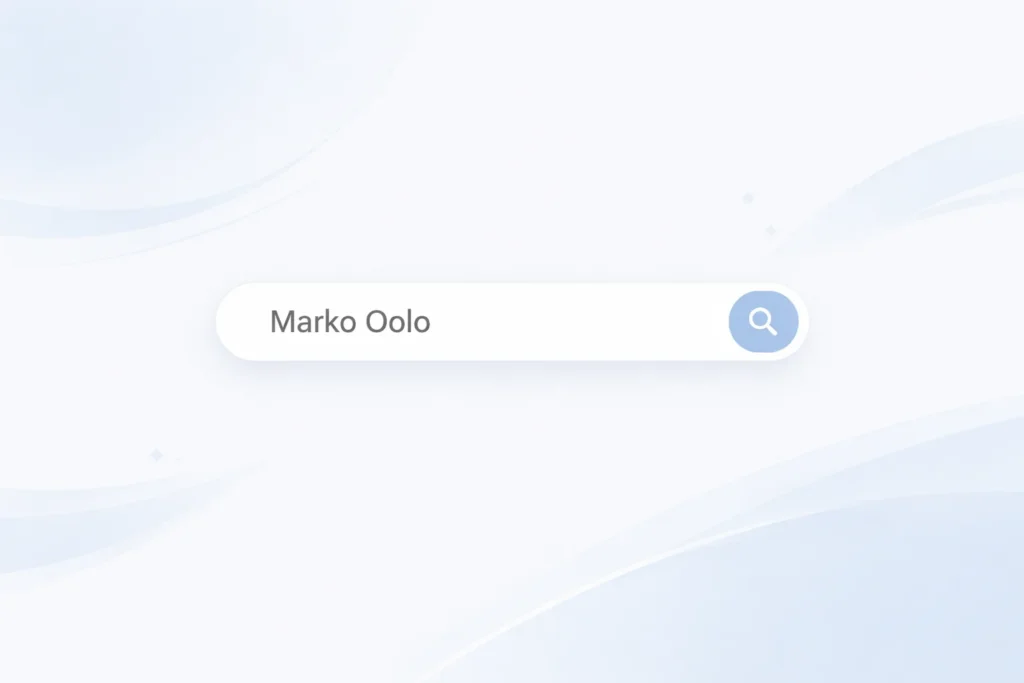 Minimal search bar displaying Marko Oolo with a simple magnifying glass icon on a clean light background