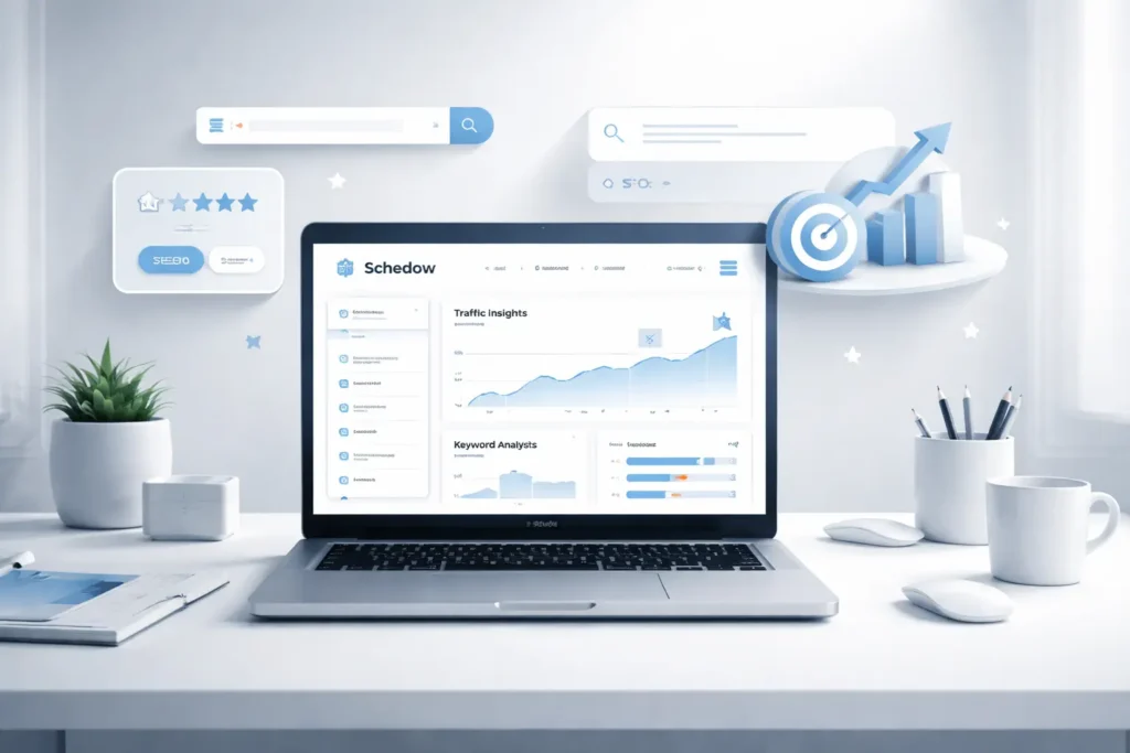 Professional digital workspace illustrating schedow concept in SEO and branding