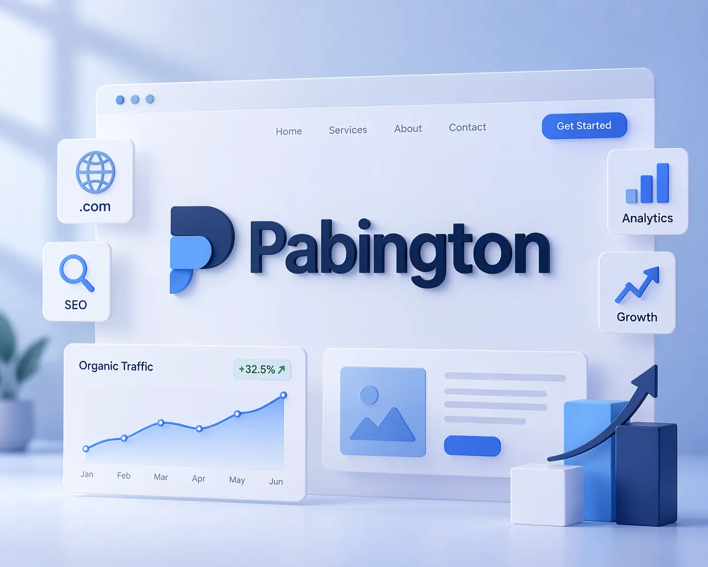 Pabington branding concept with modern logo design, SEO elements, and digital growth visuals on a clean professional interface