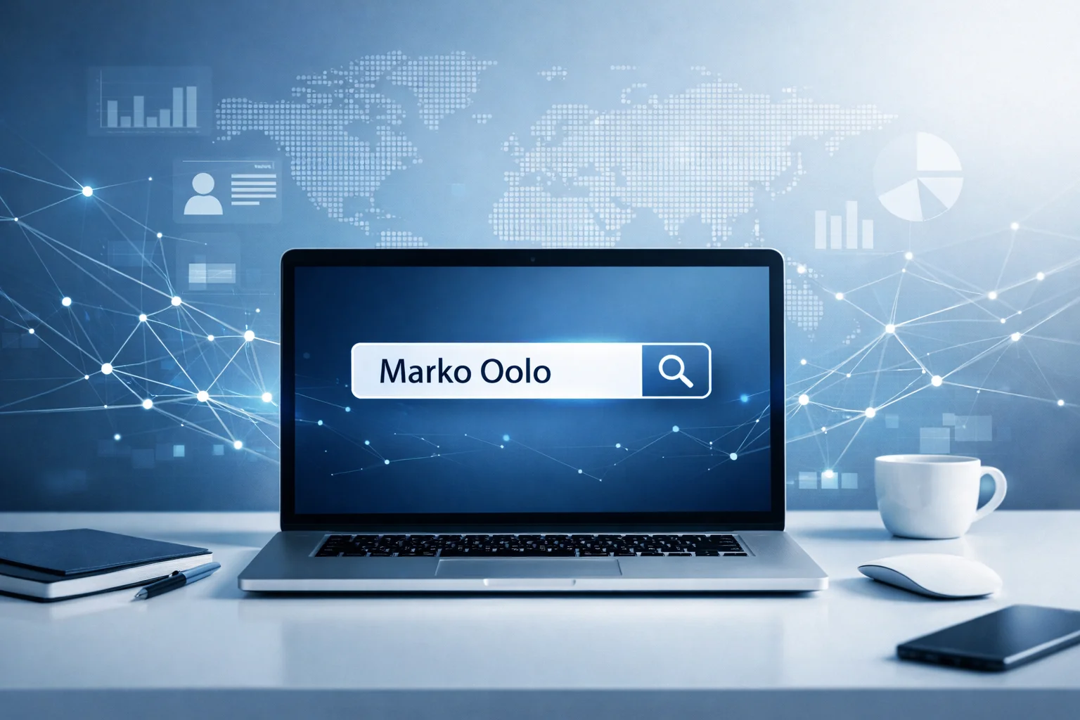 Professional digital search interface showing the keyword Marko Oolo on a laptop screen with modern data elements and clean tech background