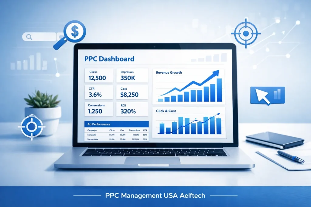 PPC management USA Aelftech dashboard showing ad performance, clicks, and ROI growth