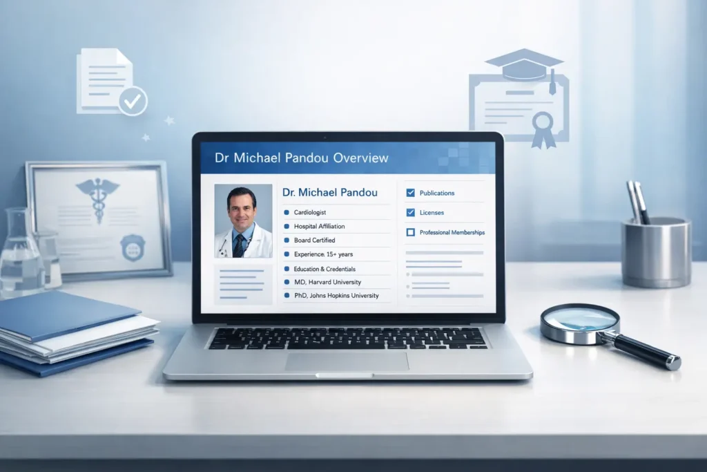 Dr Michael Pandou professional overview concept with digital profile verification and research workspace setup