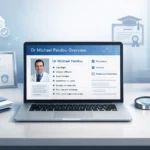 Dr Michael Pandou professional overview concept with digital profile verification and research workspace setup