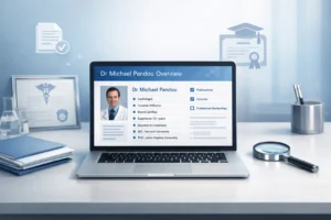 Dr Michael Pandou professional overview concept with digital profile verification and research workspace setup