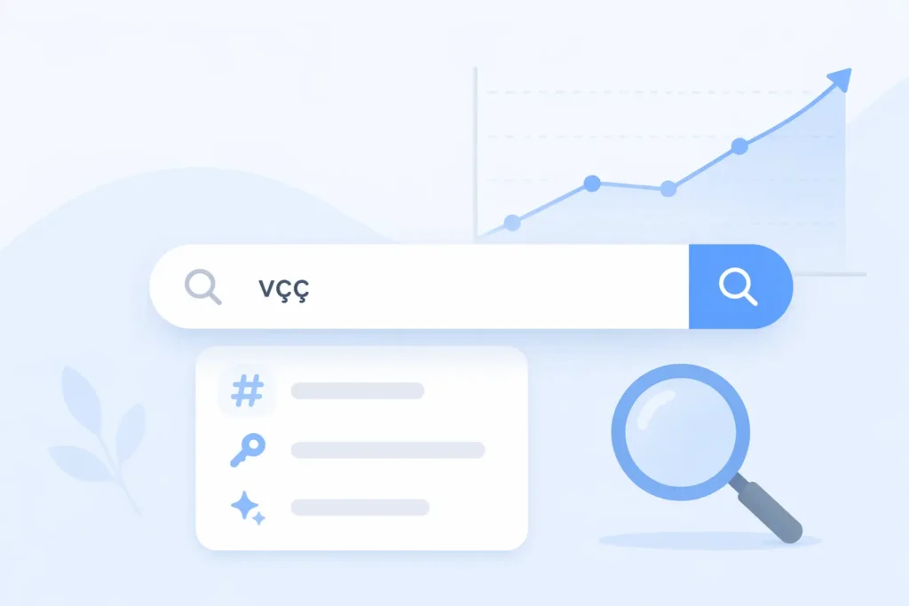 Minimal SEO illustration with a search bar and upward trend graph representing keyword visibility and the concept of vçç.