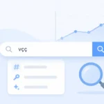 Minimal SEO illustration with a search bar and upward trend graph representing keyword visibility and the concept of vçç.