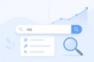 Minimal SEO illustration with a search bar and upward trend graph representing keyword visibility and the concept of vçç.