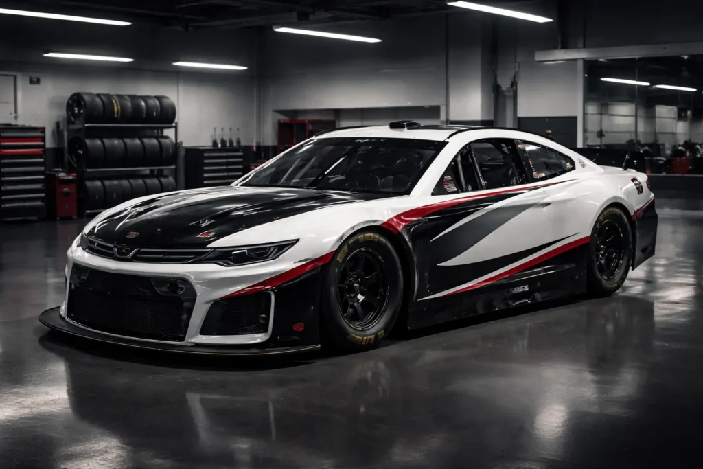 Professional NASCAR-style garage scene with a sleek race car, representing Jimmy Miller Hendrick and high-performance motorsports environment