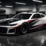 Professional NASCAR-style garage scene with a sleek race car, representing Jimmy Miller Hendrick and high-performance motorsports environment