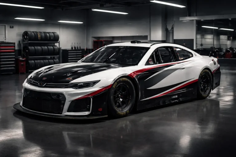 Professional NASCAR-style garage scene with a sleek race car, representing Jimmy Miller Hendrick and high-performance motorsports environment