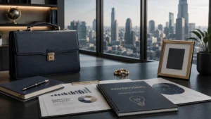Michel Stern professional advertising career illustration with executive office, briefcase, marketing documents, wedding rings, and privacy-themed workspace.