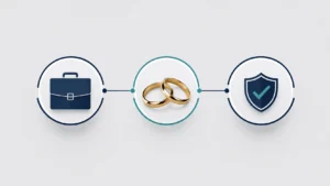 Minimalist Michel Stern illustration showing a briefcase, wedding rings, and privacy shield connected in a clean professional design.