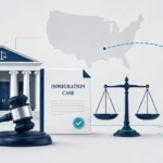 Professional illustration of a courthouse, judge's gavel, legal document, and scales of justice representing the Kilmar Armando Ábrego García immigration case.