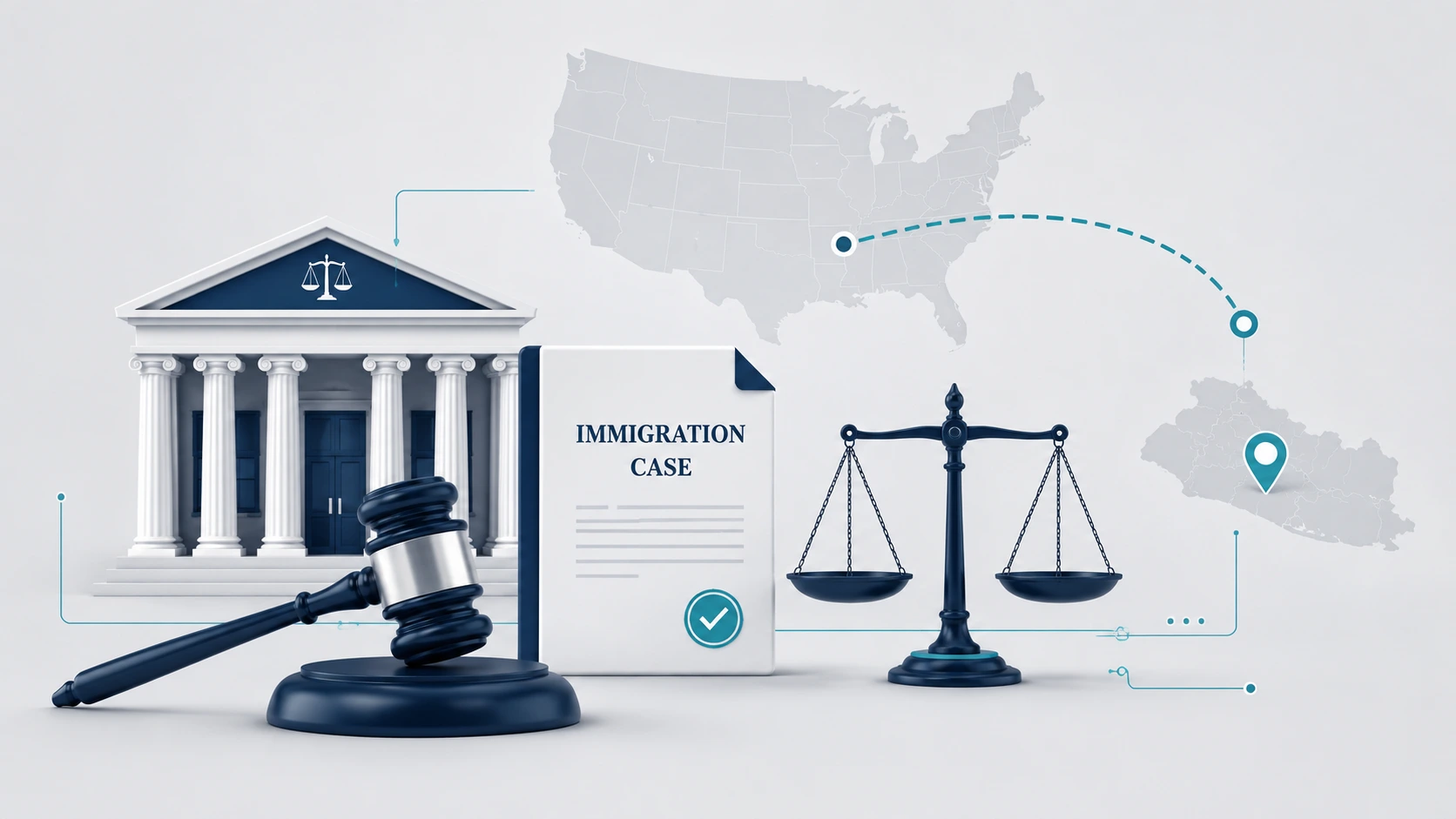 Professional illustration of a courthouse, judge's gavel, legal document, and scales of justice representing the Kilmar Armando Ábrego García immigration case.