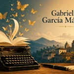 Gabriel García Márquez illustration featuring a vintage typewriter, open book with golden butterflies, Nobel Prize medal, fountain pen, and a stylized Latin American town representing magical realism.