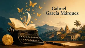Gabriel García Márquez illustration featuring a vintage typewriter, open book with golden butterflies, Nobel Prize medal, fountain pen, and a stylized Latin American town representing magical realism.