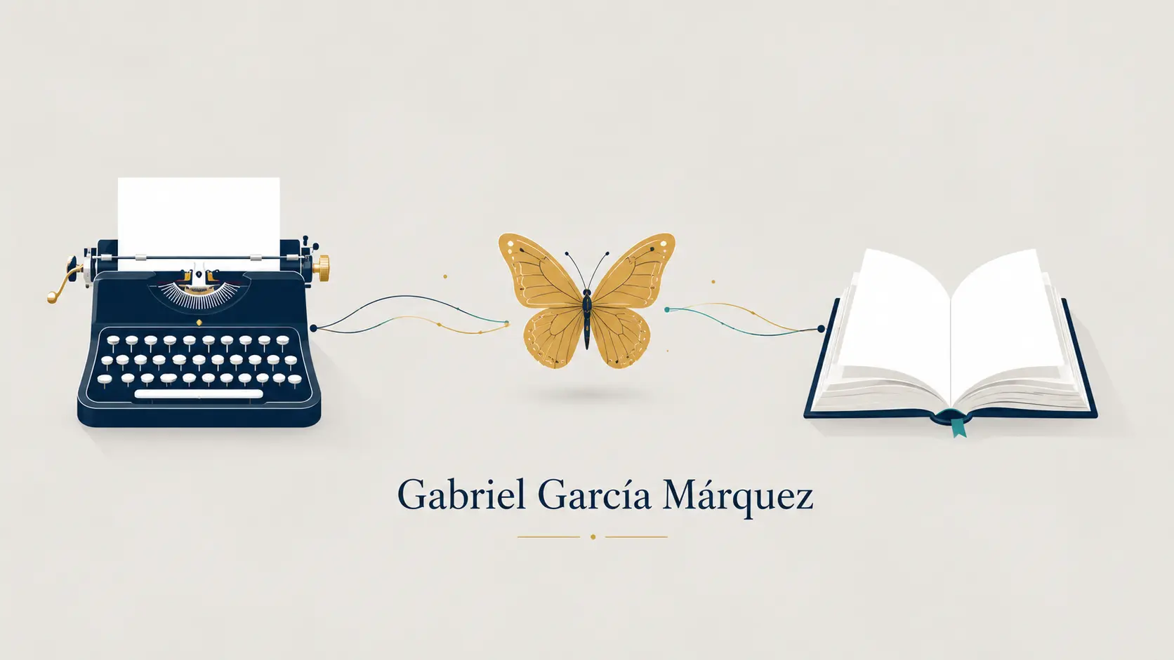 Minimalist Gabriel García Márquez illustration with a vintage typewriter, golden butterfly, and open book connected by clean lines, symbolizing magical realism and literary legacy.