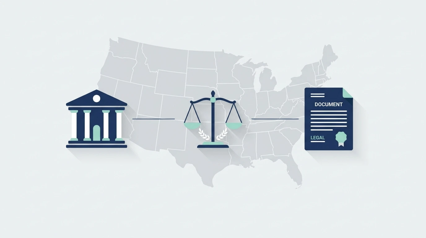 Minimalist illustration featuring a courthouse icon, scales of justice, and a legal document symbolizing the Kilmar Armando Ábrego García legal case.